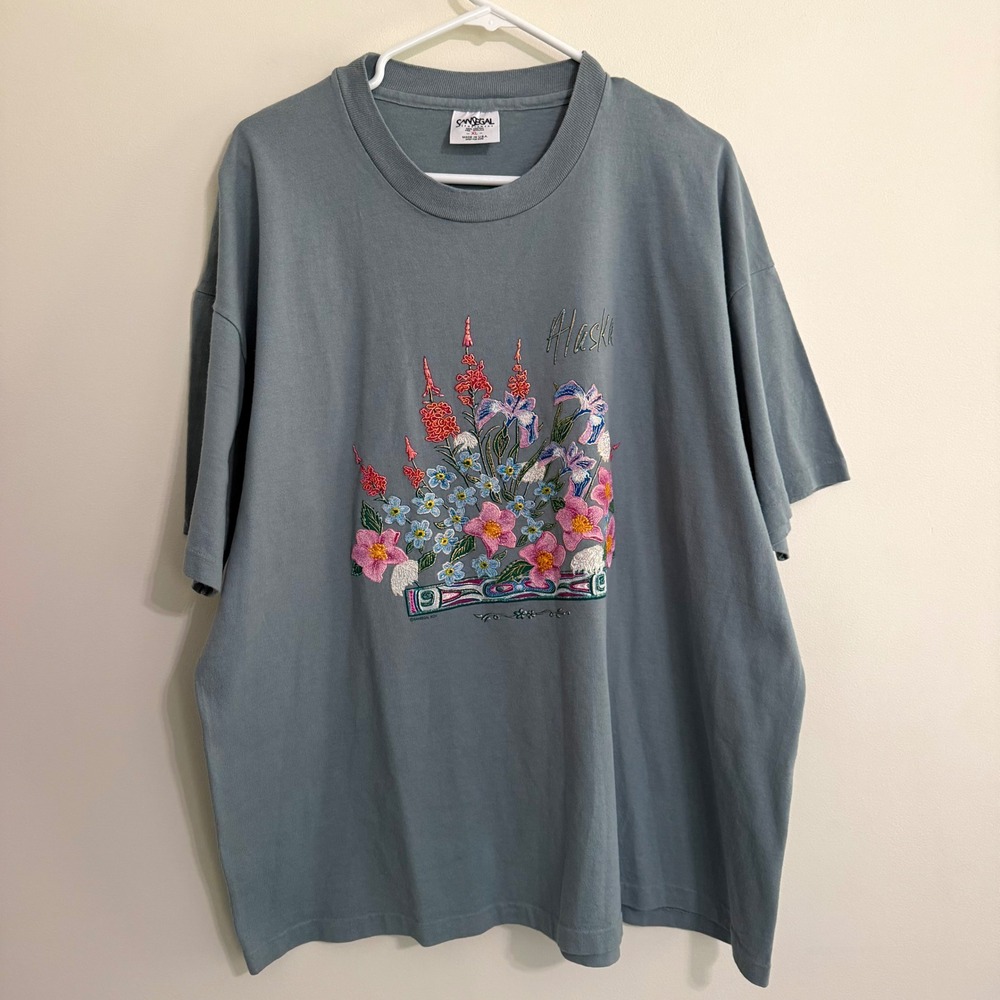 90s Vintage Graphic Tee Floral Alaska Sansegal Size XL Tourist Travel Granola